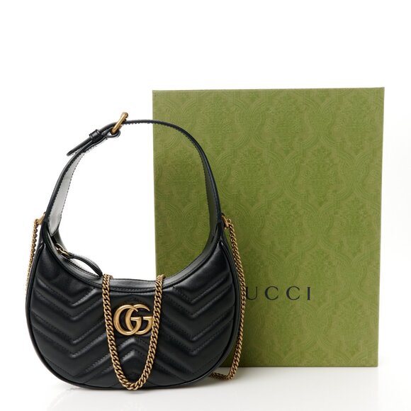 Gucci Calfskin Matelasse Chevron Mini GG Marmont Half Moon Hobo Black - Picture 1 of 9